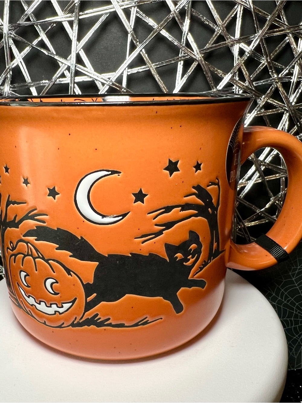 Halloween Vintage Design Ceramic Mug Black Cat Pumpkin Jack o Lantern Moon Stars